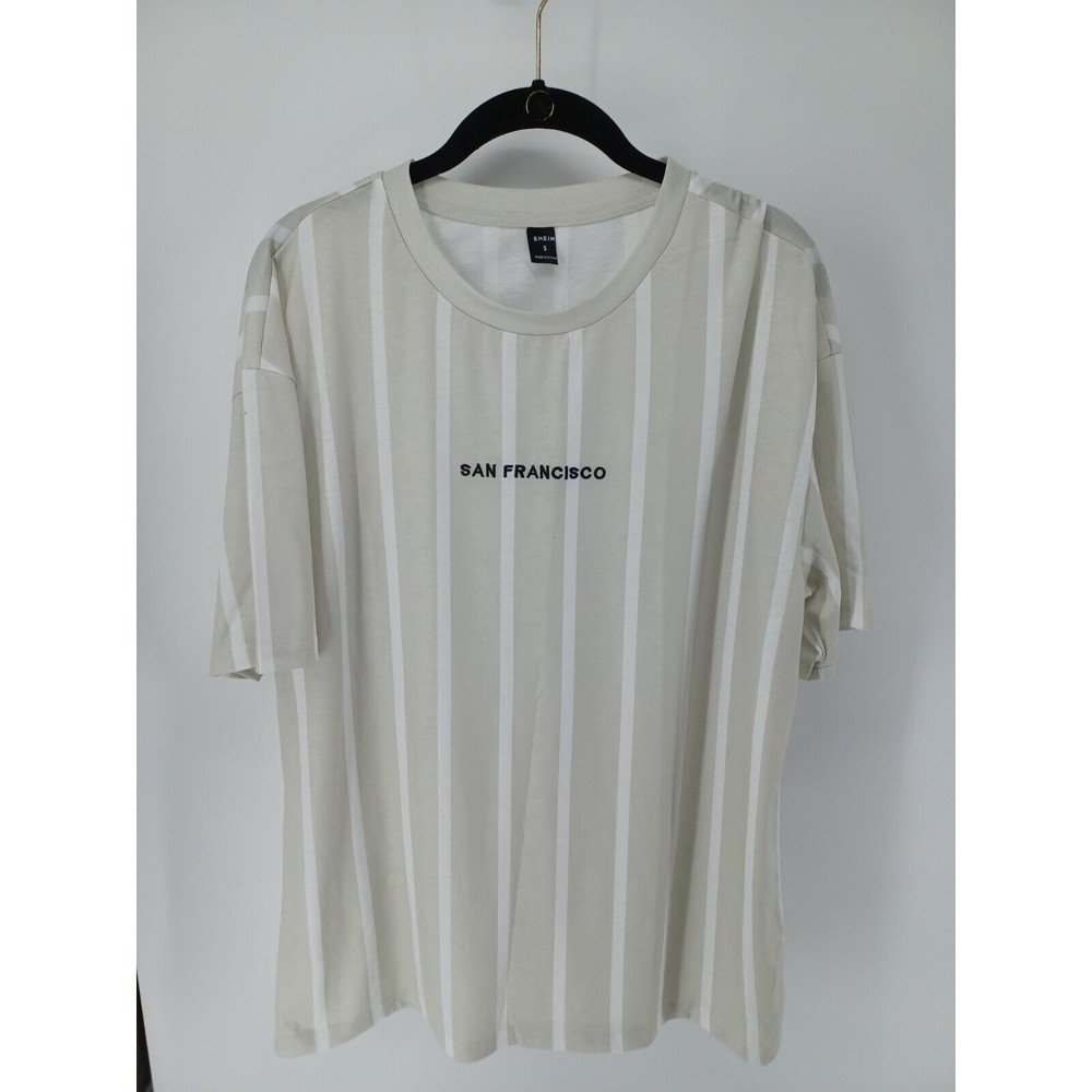 Shein T-Shirt Men's Small Green/White Striped San Francisco Short Sleeve